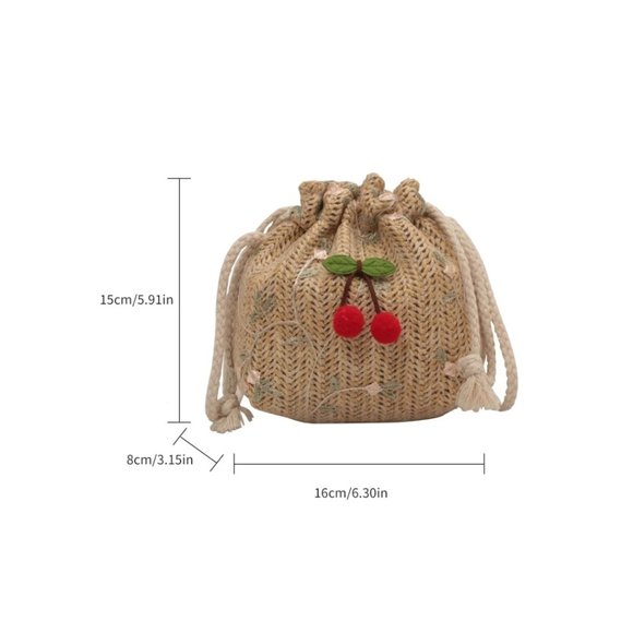 Cherry Braided Straw Drawstring Handbag Purse Tote Bag Mini Backpack All In One - Picture 3 of 5
